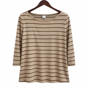 Liz Claiborne Tan Striped Preppy Nautical 3/4 Sleeve Tee  Size L